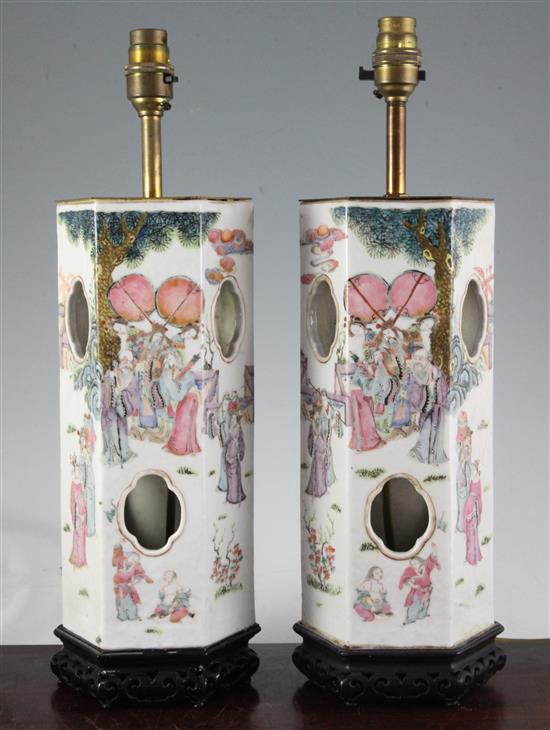 A Pair of Chinese famille rose hexagonal hat stand lamps, third quarter 19th century, Total height including lamp fitting 43.5cm